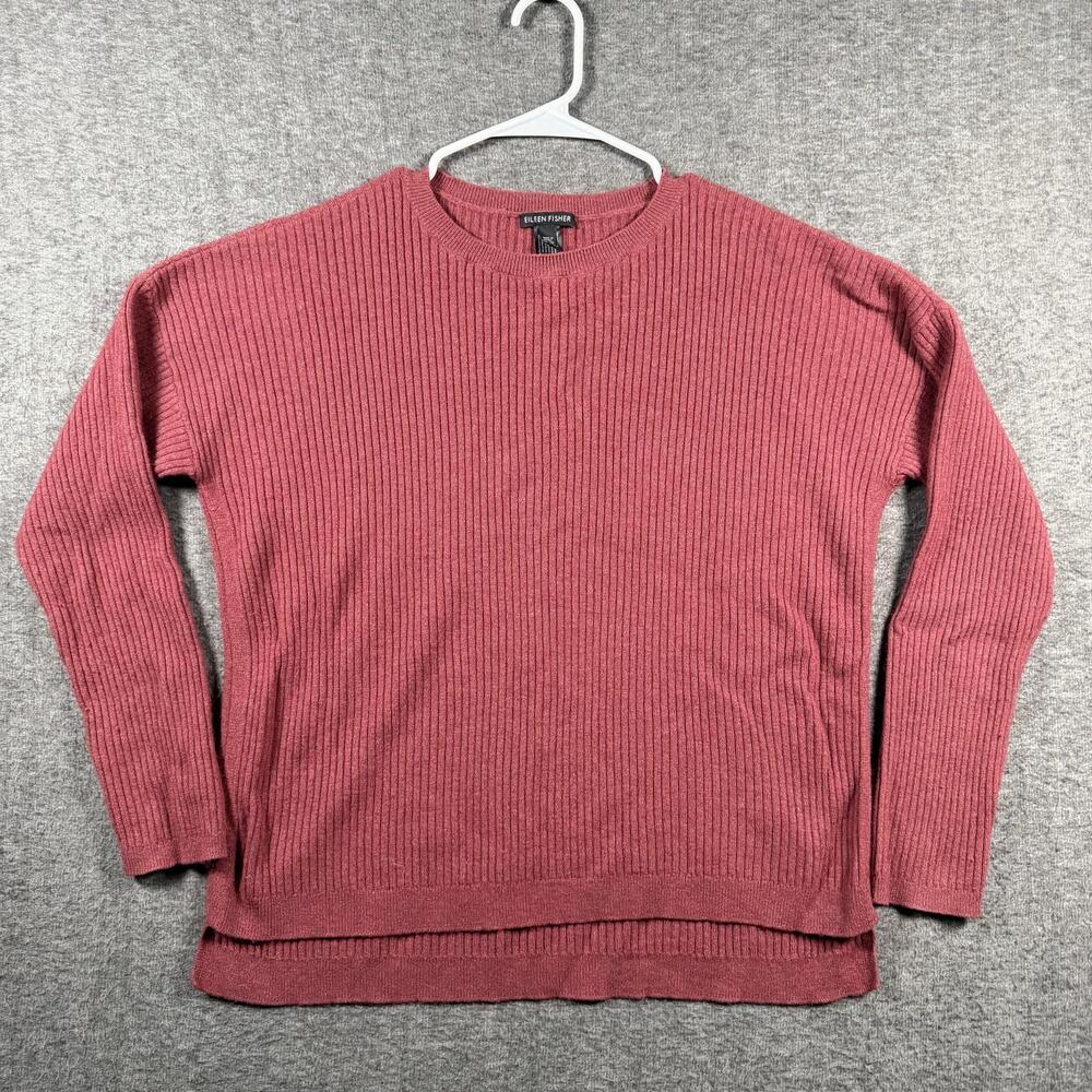 Eileen Fisher Womens M Red 100% Cashmere Ribbed Crewneck Sweater High Low